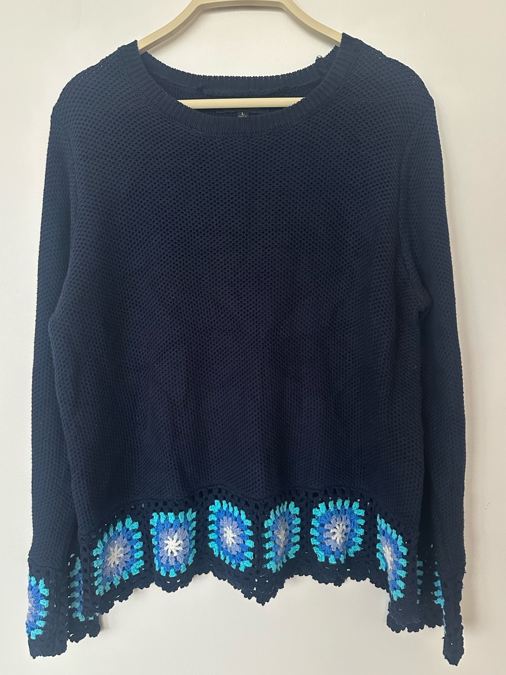 Joseph A Cotton Crochet Trim Sweater Blue Granny Square Boho Size L